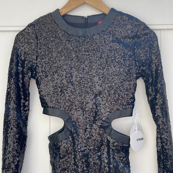 STAUD - Black Sequins Long Sleeve Mini Cut Out Dress - XS - Picture 4 of 15